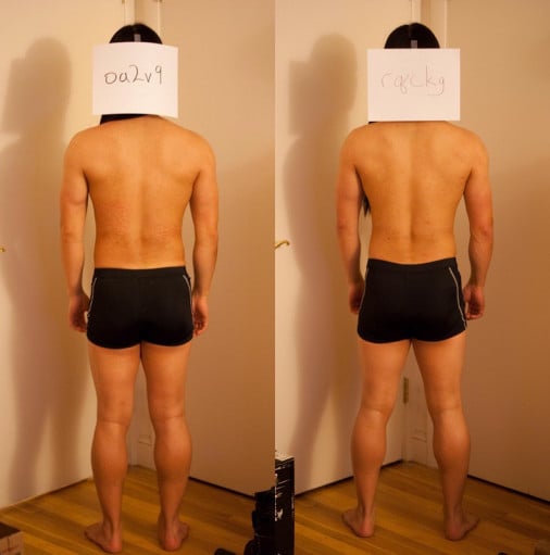 A before and after photo of a 5'4" male showing a snapshot of 129 pounds at a height of 5'4