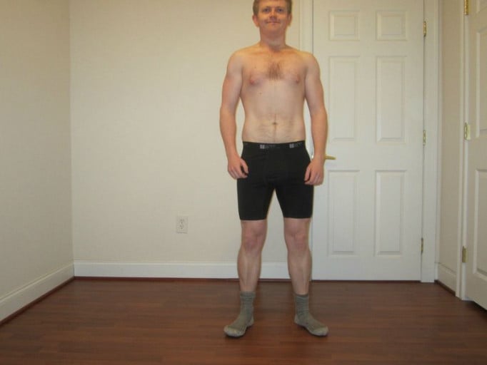 A photo of a 5'7" man showing a weight reduction from 158 pounds to 142 pounds. A respectable loss of 16 pounds.