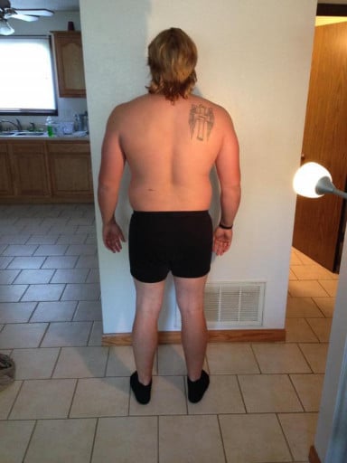 A before and after photo of a 6'0" male showing a snapshot of 245 pounds at a height of 6'0