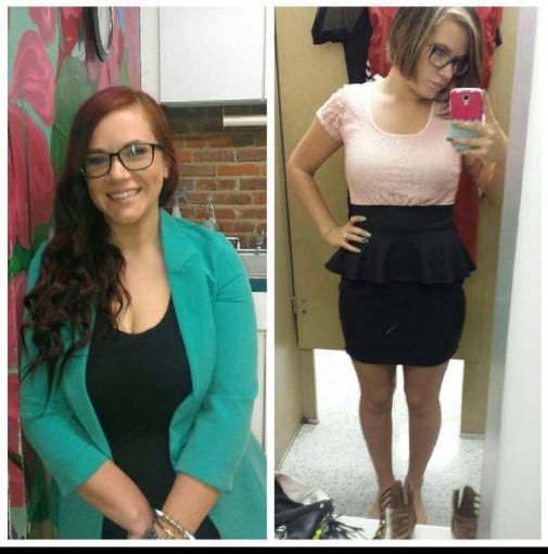 A before and after photo of a 5'5" female showing a weight reduction from 158 pounds to 141 pounds. A net loss of 17 pounds.