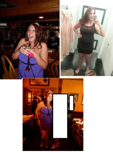 A before and after photo of a 5'8" female showing a weight cut from 180 pounds to 155 pounds. A respectable loss of 25 pounds.
