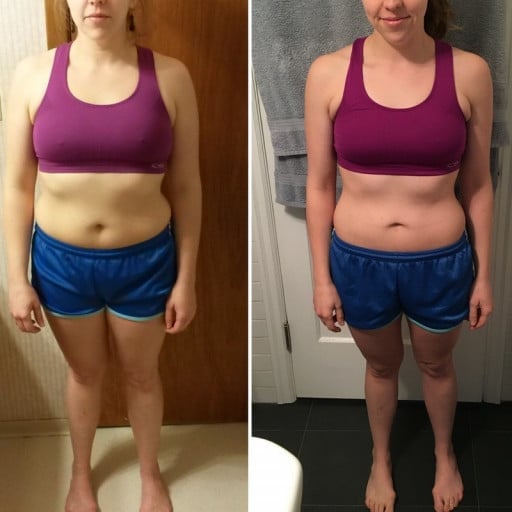 A picture of a 5'2" female showing a weight loss from 145 pounds to 125 pounds. A net loss of 20 pounds.