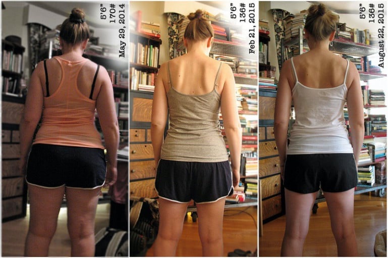 A picture of a 5'6" female showing a weight reduction from 173 pounds to 136 pounds. A respectable loss of 37 pounds.