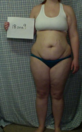 A photo of a 5'7" woman showing a snapshot of 205 pounds at a height of 5'7