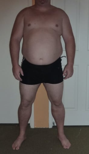 A before and after photo of a 5'11" male showing a snapshot of 289 pounds at a height of 5'11