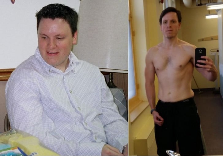 A picture of a 5'10" male showing a weight loss from 235 pounds to 165 pounds. A net loss of 70 pounds.