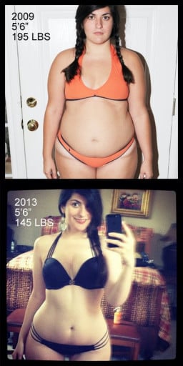 A photo of a 5'6" woman showing a weight cut from 195 pounds to 145 pounds. A respectable loss of 50 pounds.