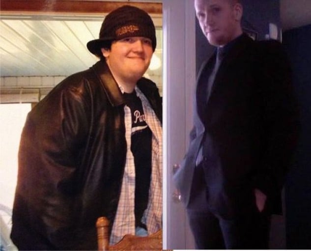 A progress pic of a 6'2" man showing a fat loss from 315 pounds to 185 pounds. A total loss of 130 pounds.