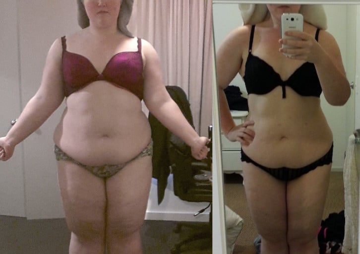 A photo of a 5'6" woman showing a weight cut from 278 pounds to 196 pounds. A respectable loss of 82 pounds.