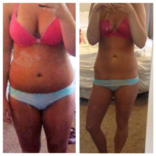 A progress pic of a 5'6" woman showing a fat loss from 169 pounds to 144 pounds. A total loss of 25 pounds.