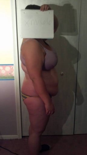 A before and after photo of a 5'5" female showing a snapshot of 236 pounds at a height of 5'5
