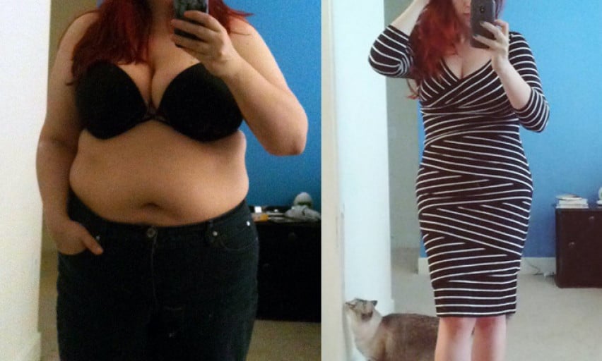 A before and after photo of a 5'3" female showing a weight cut from 215 pounds to 152 pounds. A total loss of 63 pounds.