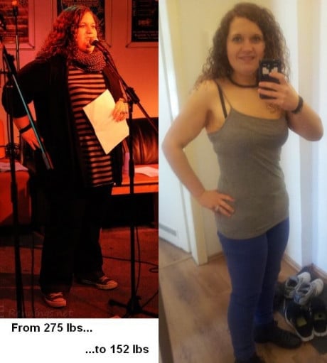 A before and after photo of a 5'5" female showing a weight reduction from 275 pounds to 152 pounds. A net loss of 123 pounds.