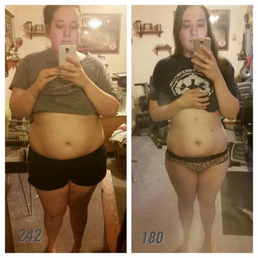 A picture of a 5'7" female showing a weight loss from 252 pounds to 180 pounds. A net loss of 72 pounds.