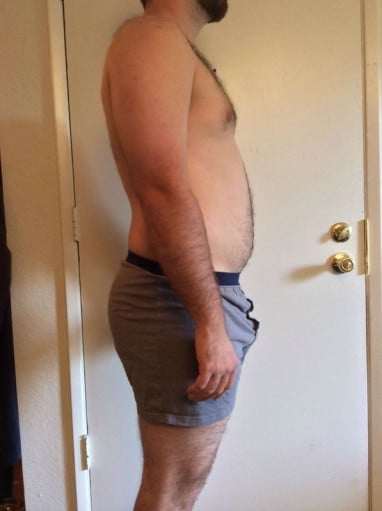 A before and after photo of a 5'11" male showing a snapshot of 228 pounds at a height of 5'11