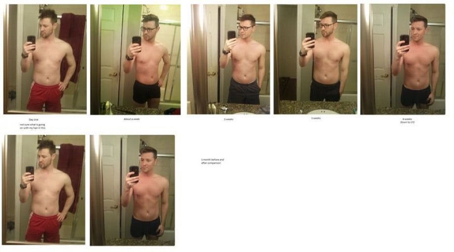 A progress pic of a 5'10" man showing a fat loss from 178 pounds to 172 pounds. A respectable loss of 6 pounds.