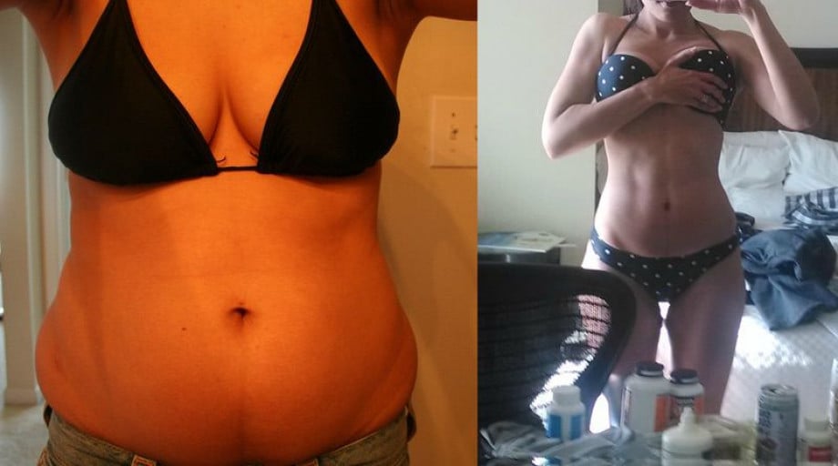 A photo of a 5'8" woman showing a weight cut from 169 pounds to 129 pounds. A total loss of 40 pounds.