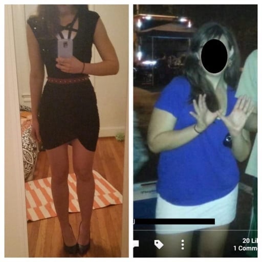 A progress pic of a 5'7" woman showing a fat loss from 158 pounds to 136 pounds. A net loss of 22 pounds.