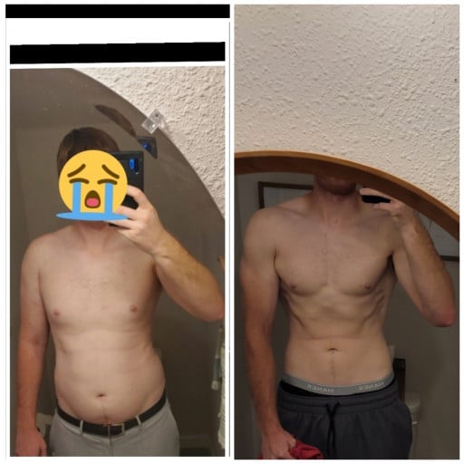 A before and after photo of a 6'5" male showing a weight reduction from 235 pounds to 187 pounds. A respectable loss of 48 pounds.