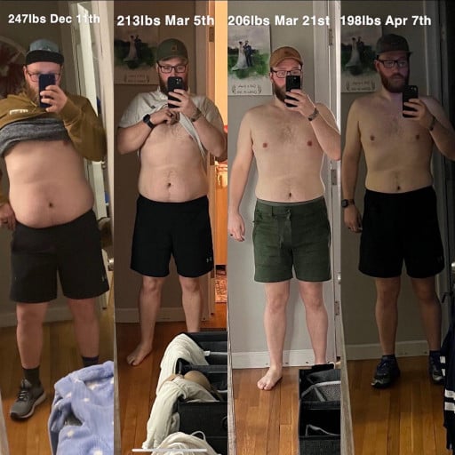 A progress pic of a 5'10" man showing a fat loss from 247 pounds to 196 pounds. A total loss of 51 pounds.