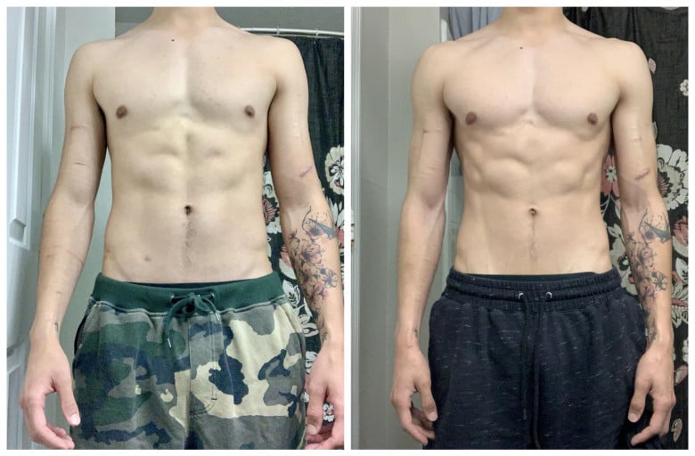 Before and After 30 lbs Muscle Gain 5 feet 10 Male 125 lbs to 155 lbs