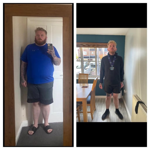 A progress pic of a 6'1" man showing a fat loss from 340 pounds to 208 pounds. A respectable loss of 132 pounds.