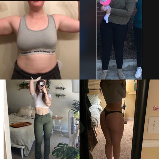 A photo of a 5'8" woman showing a weight cut from 215 pounds to 150 pounds. A respectable loss of 65 pounds.