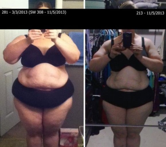 5 feet 4 Female Before and After 95 lbs Fat Loss 308 lbs to 213 lbs