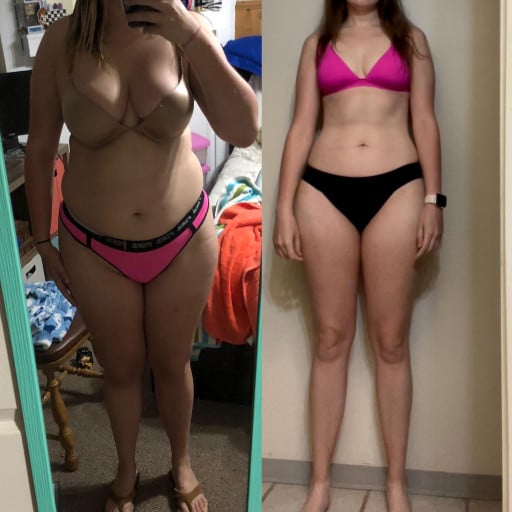 A progress pic of a 5'8" woman showing a fat loss from 200 pounds to 150 pounds. A net loss of 50 pounds.