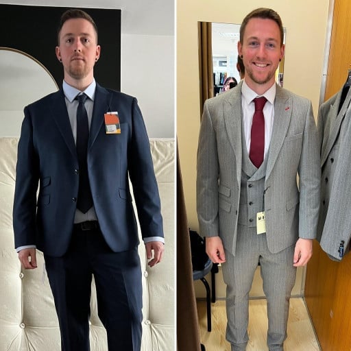 A before and after photo of a 6'1" male showing a weight reduction from 256 pounds to 212 pounds. A net loss of 44 pounds.