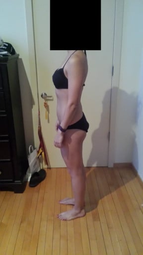 A before and after photo of a 5'6" female showing a snapshot of 131 pounds at a height of 5'6