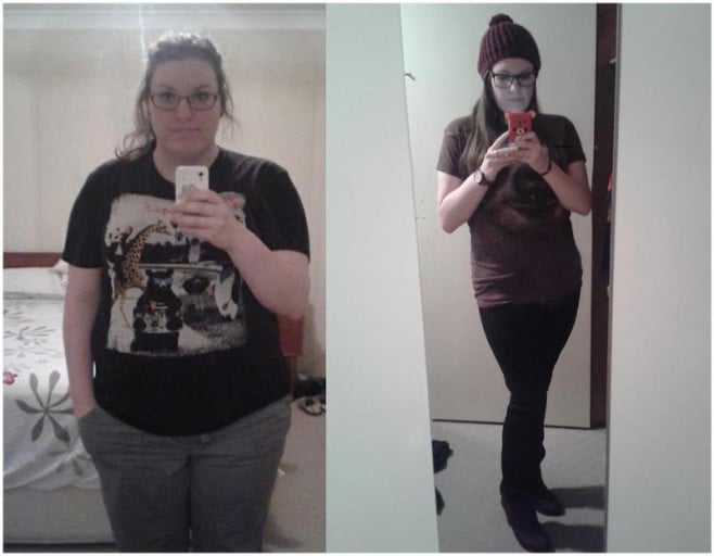 A photo of a 5'8" woman showing a weight cut from 275 pounds to 209 pounds. A net loss of 66 pounds.