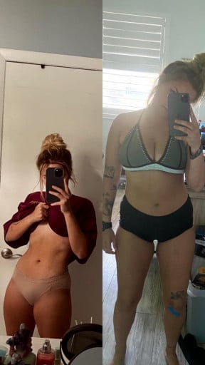 A before and after photo of a 5'4" female showing a weight reduction from 142 pounds to 127 pounds. A respectable loss of 15 pounds.