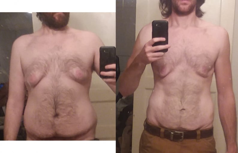 A picture of a 6'2" male showing a weight loss from 215 pounds to 180 pounds. A net loss of 35 pounds.