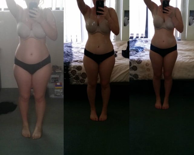 A before and after photo of a 5'2" female showing a weight loss from 154 pounds to 140 pounds. A total loss of 14 pounds.