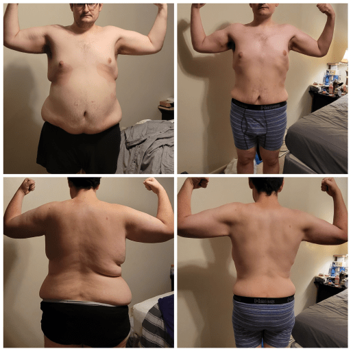 A before and after photo of a 5'11" male showing a weight reduction from 360 pounds to 218 pounds. A net loss of 142 pounds.
