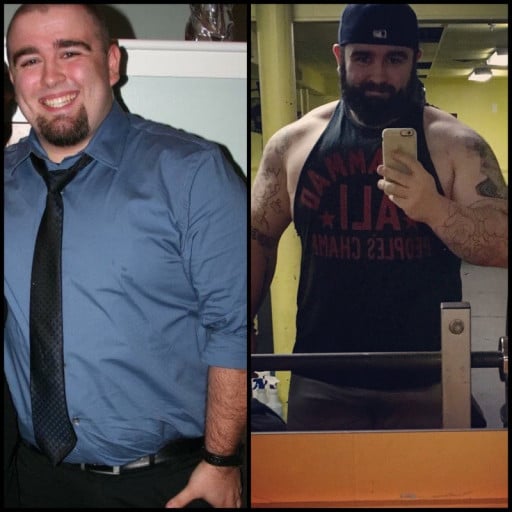 A progress pic of a 5'10" man showing a fat loss from 340 pounds to 230 pounds. A net loss of 110 pounds.
