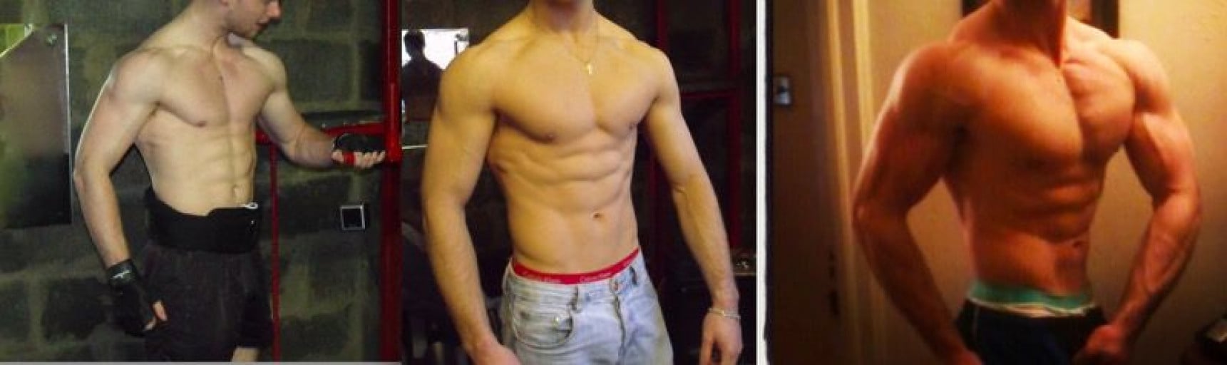 A before and after photo of a 6'0" male showing a muscle gain from 169 pounds to 200 pounds. A net gain of 31 pounds.