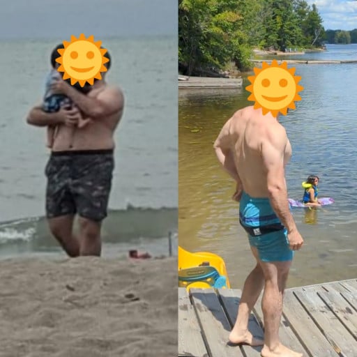 M/35/5'7" [227lbs > 158lbs = 69lbs] (12 Months) Excuse the potato quality, but I wanted to get photos from about the day I started to almost exactly one year later. Fun in the sun was definitely more fun this year.