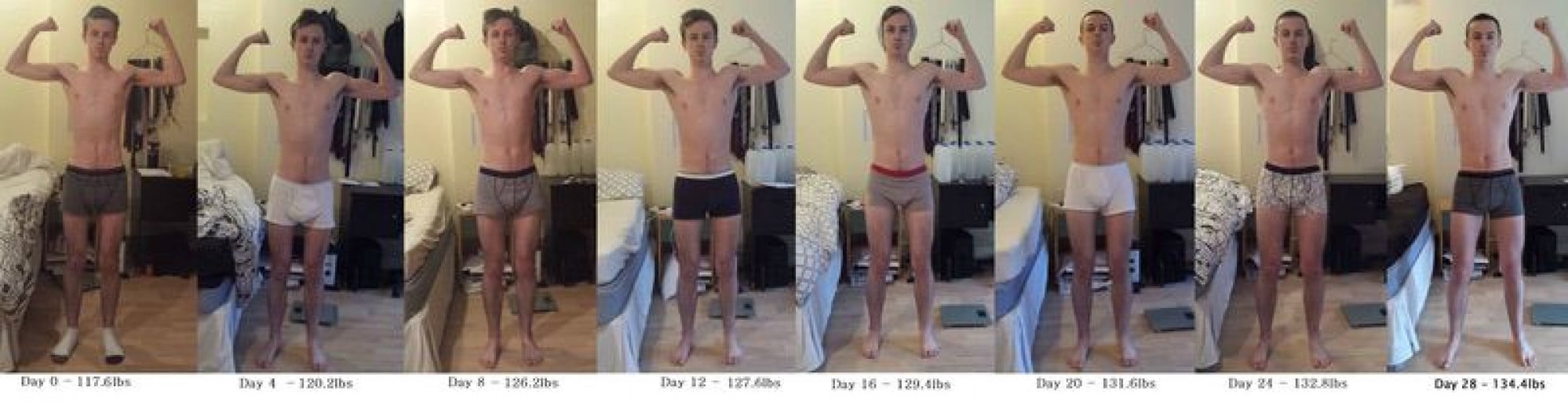 A photo of a 5'10" man showing a weight bulk from 117 pounds to 134 pounds. A total gain of 17 pounds.