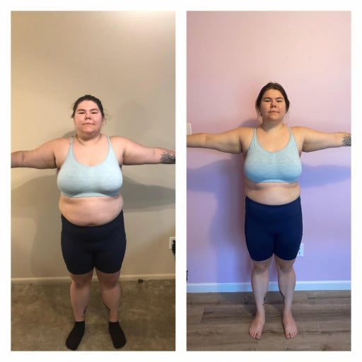 A picture of a 5'4" female showing a weight loss from 225 pounds to 189 pounds. A total loss of 36 pounds.
