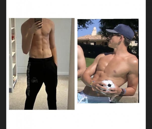 A before and after photo of a 6'3" male showing a weight gain from 170 pounds to 200 pounds. A total gain of 30 pounds.