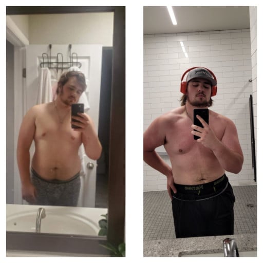 A progress pic of a 5'11" man showing a fat loss from 271 pounds to 218 pounds. A net loss of 53 pounds.
