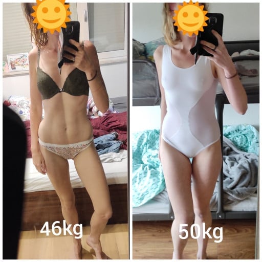 A picture of a 5'5" female showing a weight bulk from 101 pounds to 110 pounds. A total gain of 9 pounds.