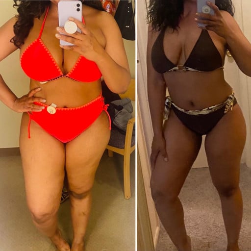 5 foot 8 Female Before and After 35 lbs Fat Loss 218 lbs to 183 lbs