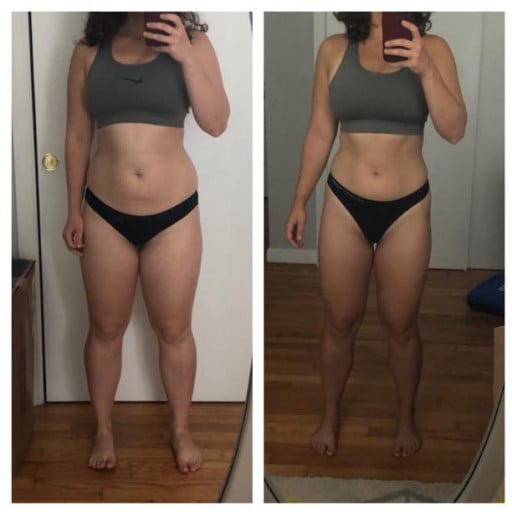 A before and after photo of a 5'3" female showing a weight reduction from 143 pounds to 139 pounds. A total loss of 4 pounds.