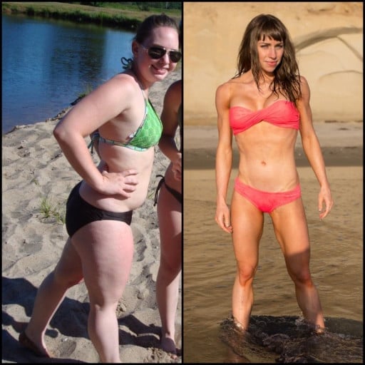 A photo of a 5'2" woman showing a weight cut from 160 pounds to 113 pounds. A net loss of 47 pounds.