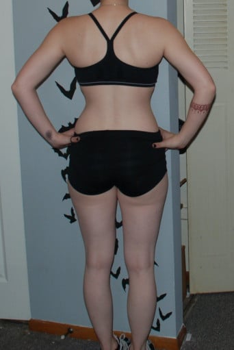A before and after photo of a 5'2" female showing a snapshot of 111 pounds at a height of 5'2