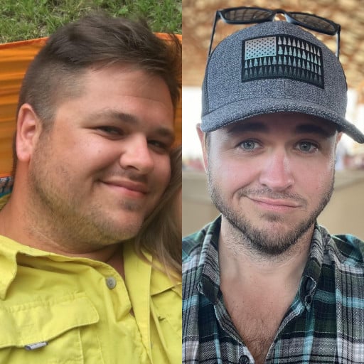 A progress pic of a 5'9" man showing a fat loss from 265 pounds to 195 pounds. A net loss of 70 pounds.