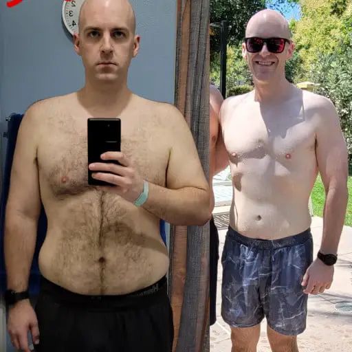 A progress pic of a 6'6" man showing a fat loss from 280 pounds to 190 pounds. A net loss of 90 pounds.
